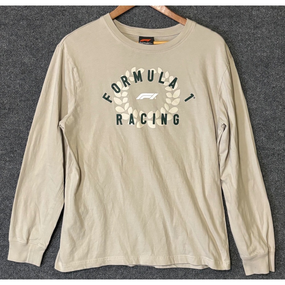 Formula 1 Mens Large Long Sleeve Shirt Beige Racing F1 Laurel Wreath Graphic